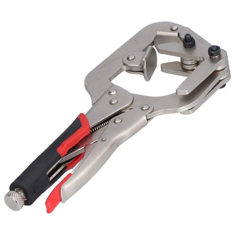Heavy Duty C Clamp Locking Pliers With 270 Degree Rotatable Jaws For Welding Projects Chrome Steel Construction shown from side angle with a grip handle.