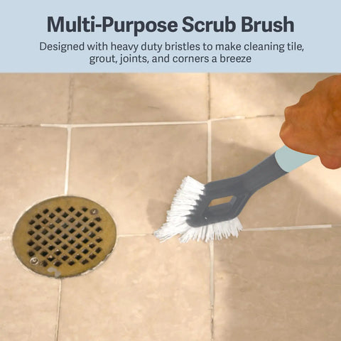 Person using Heavy Duty Tile And Grout Scrub Brush With Angled Tip For Grout Joints on bathroom floor tiles