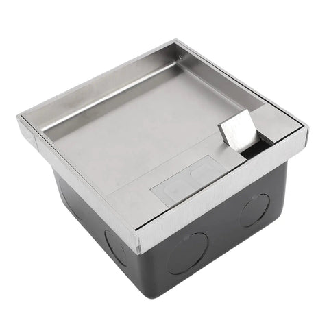Heavy Duty Flush Floor Power Outlet Box Featuring Stainless Steel Silver Finish And Zero Fuss Easy Pull Lid Access view from above.