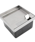 Recessed Floor Electrical Outlet Kit With Flat Concealed Receptacle Featuring Slick Pop Up Handle Hella Durable 3 Prong Power Socket Plus Dual Ethernet Ports Silver Finish For Tile Carpet Floors - stainless steel frame and black receptacle design