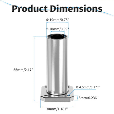 Two Pack LMK10LUU Square Flange Linear Ball Bearing 10x19x55mm With 30mm Flange Edge 6mm Thick Mount Holes 4.5mm dimensions