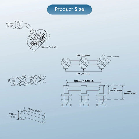 Diagram of Three-Handle Tub And Shower Faucet Set With Wall Mount Tub Spout Five-Setting Six-Inch Round Shower Head Brass Mixer Valve.