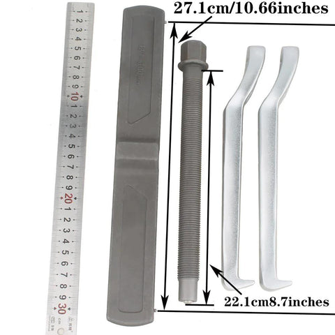 12 Inch Two Jaw Gear Puller With Reversible Claws For Pulley Flywheel And Bearing Removal components shown with ruler for size reference.