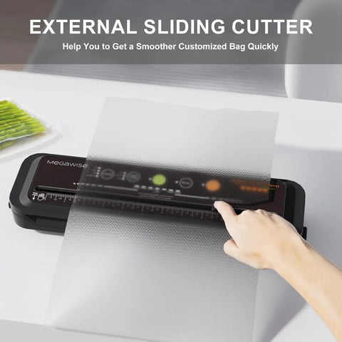 Hand using Powerful and Compact Vacuum Sealer Machine With One Touch Auto Seal, Fast 10 to 20 Seconds Vacuum, 80kPa Strong Suction