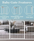 Baby gate with dual-swinging doors, auto-close feature, and hold open option in living room; Extra Wide Baby Gate With Triple Lock System Pressure Mounted Walk Through Swing Auto Close Safety Gate For Stairs Doorways And Kitchen White Metal Pet Puppy Cat Barrier Kid Friendly For Busy Homes.