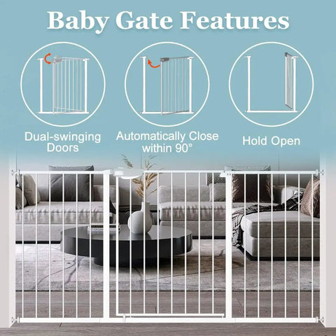 Baby gate with dual-swinging doors, auto-close feature, and hold open option in living room; Extra Wide Baby Gate With Triple Lock System Pressure Mounted Walk Through Swing Auto Close Safety Gate For Stairs Doorways And Kitchen White Metal Pet Puppy Cat Barrier Kid Friendly For Busy Homes.