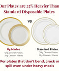 Comparison of Heavy Duty White Plastic Plates With Gold Trim 175 Piece Bulk Party Essentials against standard disposable plates.