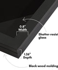 Close-up of Compact Wall Mounted Pin Display Case Black 15 By 8.5 Inch showcasing shatter-resistant glass and black wood molding.