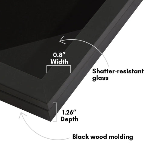 Close-up of Compact Wall Mounted Pin Display Case Black 15 By 8.5 Inch showcasing shatter-resistant glass and black wood molding.
