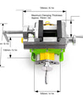 Built Like A Tank Heavy Duty 3 Inch Drill Press Vise Cross Slide showing dimensions, solid aluminum base and clamping features.