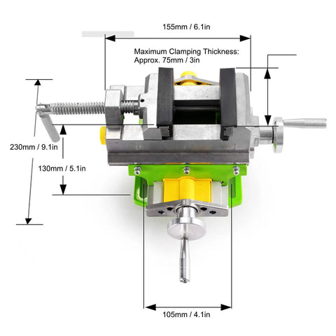 Built Like A Tank Heavy Duty 3 Inch Drill Press Vise Cross Slide showing dimensions, solid aluminum base and clamping features.