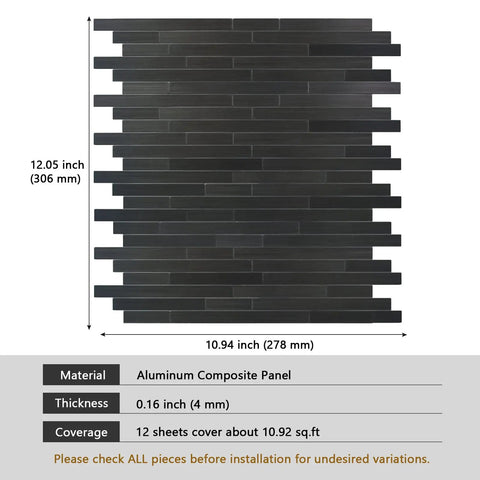 Self Adhesive Brushed Aluminum Backsplash Tiles For Kitchen And Fireplace Peel And Stick 4mm Thick, product dimensions shown.