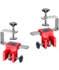 Rock Solid Stainless Steel Drawer Panel Clamp With Zero Hassle Adjustable Side Mount shown in red, allowing for smooth fine tuning during assembly.