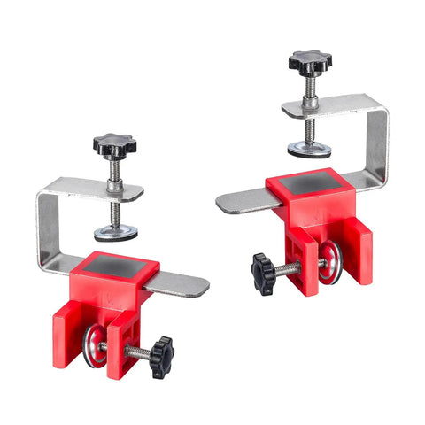 Rock Solid Stainless Steel Drawer Panel Clamp With Zero Hassle Adjustable Side Mount shown in red, allowing for smooth fine tuning during assembly.