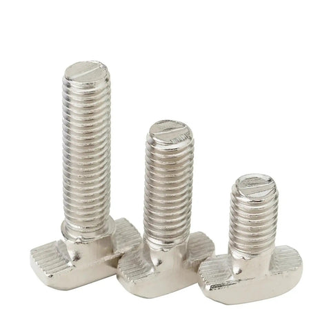 Close-up of Ten Pack Nickel Plated Steel M5 M6 M8 T Hammer Head Bolts For Aluminum Profile Connectors EU20 EU30 EU40 45mm Length 10 Pieces