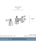 Conway Chrome Two Handle Widespread Bathroom Sink Faucet With Valve Included, Durable Metal Construction, Mirror Like Finish That Works With Any Decor, Installs Between 8 And 16 Inch Centers, Classic Modern Style showcasing spout reach and height.