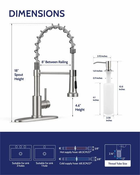 Dimensions of Pull Down Kitchen Faucet With Soap Dispenser Brushed Nickel Finish showing spout height and compatibility.