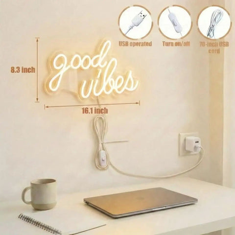 Good Vibes Neon Sign LED Wall Decor With Warm White Glow For Living Room And Weddings Boho Minimalist Modern Farmhouse Backdrops USB Powered 3D Art Gift 16.1x8.3 Inch displayed above desk