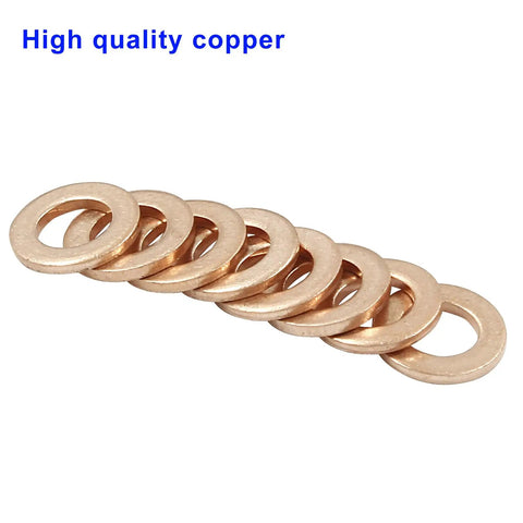 100 Pack M5 Copper Flat Washers 5X9X1mm Real Deal Rust Proof Hardware Fasteners lined up for corrosion resistance in projects.