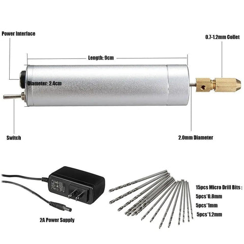 Mini Handheld Micro Drill Kit With Aluminum Body 0.7 To 1.2mm Bits 15 Piece Bit Set 2A Power Supply Included Sweet For Do It Yourself Projects And Small Craft Work Not Suitable For High Hardness Metals, showing drill, power supply, and 15 bits.