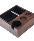 Heavy Duty Espresso Knock Box With Dedicated Tamper Dock Solid Wood Grind Catch Cup No Sweat Dosing Tray For A Clean Home Barista Kitchen Counter Setup, walnut finish with stainless steel tray.