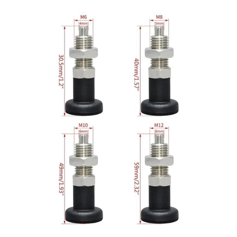 Four sizes of The Real Deal Stainless Steel Self Locking Knob Plunger With Spring Return Indexing Pin And Fine Thread Screw M6, M8, M10, M12.