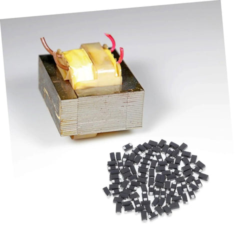 Hella Reliable 100 Piece SMD Rectifier Diode Pack Built Tough For High Voltage Circuits with black diodes and transformer.