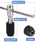 Tap Wrench Tool Set With Adjustable T Handle And Metric Plug Taps M3 M4 M5 M6 M8 For Metal Aluminum Plastic Wood Mesee 6 Piece Tap Holder Kit With 1 Wrench And 5 High Strength Taps, showing a close-up of the T-handle and 4-jaw chuck.