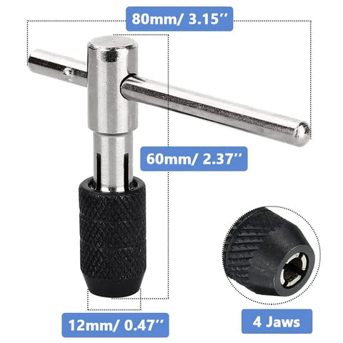 Tap Wrench Tool Set With Adjustable T Handle And Metric Plug Taps M3 M4 M5 M6 M8 For Metal Aluminum Plastic Wood Mesee 6 Piece Tap Holder Kit With 1 Wrench And 5 High Strength Taps, showing a close-up of the T-handle and 4-jaw chuck.