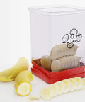 Fruit Slicer Cup Speed Cutter For Strawberries Bananas Grapes Eggs Stainless Steel Cutter Inside with sliced bananas, red base