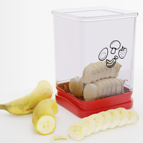Fruit Slicer Cup Speed Cutter For Strawberries Bananas Grapes Eggs Stainless Steel Cutter Inside with sliced bananas, red base