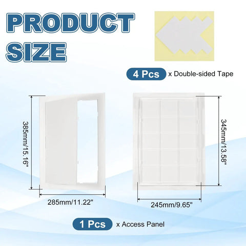 Heavy Duty Access Panel For Drywall 14 By 10 Inch Sleek White Abs Plastic Wall Plate dimensions with double-sided tape included.