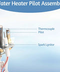 Water heater pilot assembly — close-up with thermocouple pilot and spark igniter, Whirlpool-compatible replacement parts