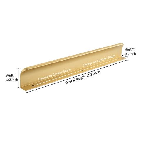 Edge Finger Pulls For Cabinets And Concealed Drawers, Aluminum Long Handle Hardware In Brushed Brass Finish, 11.81 Inch, Dimensional View