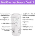 Multifunction remote control for 15 Inch Enclosed Bladeless Ceiling Fan with RGB Dimmable LED Light, features buttons for speed and brightness.
