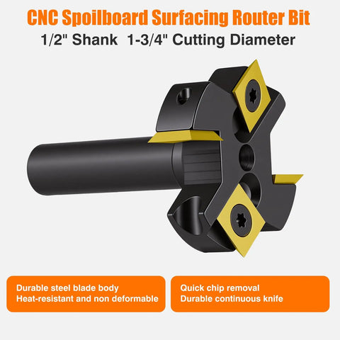 Pro Grade CNC Spoilboard Surfacing Router Bit With 1/2 Inch Shank And 1-3/4 Inch Cutting Diameter shown with carbide inserts