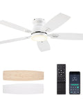 42 Inch Ceiling Fan With Light And Remote And App Control, Low Profile Flush Mount, Double Sided Blades, White shown with remote and app