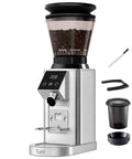 Level Up Your Daily Cup With This Rock Solid Conical Burr Coffee Grinder Packing 48 Precision Settings And Butter Smooth Electric Grinding For Fresh Espresso To French Press Perfection In Sleek Silver, featuring a grinding bin.