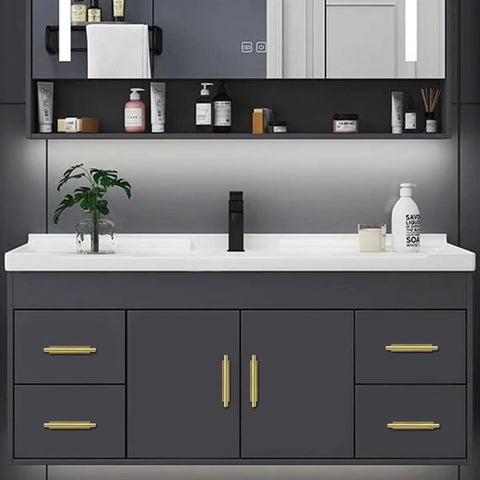 Bathroom vanity with Self Stick Push Pull Cabinet Handles 8 Pack Hidden ABS Plastic Drawer Wardrobe Window Door Handles installed