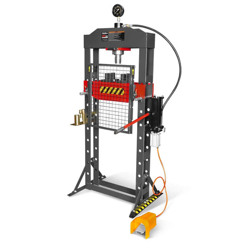 Built Tough 20 Ton H Frame Shop Press With Air And Hydraulic Power, Fully Welded Steel Frame, Safety Guard, Foot Pedal Control, And Movable Ram Head For Easy, Precise Pressing HSP20 with safety guard and foot pedal