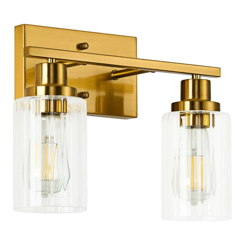 Two Light Brushed Gold Vanity Light With Fluted Glass Shade For Modern Bathroom Over Mirror Dope Gold Vanity Fixtures