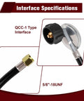 Universal Propane Regulator With Hose For Grills, Grillin Stoves And RV Campin Gear, QCC1 Connector, Five Eighth Inch Inlet details