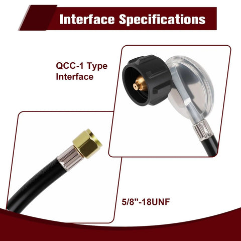 Universal Propane Regulator With Hose For Grills, Grillin Stoves And RV Campin Gear, QCC1 Connector, Five Eighth Inch Inlet details