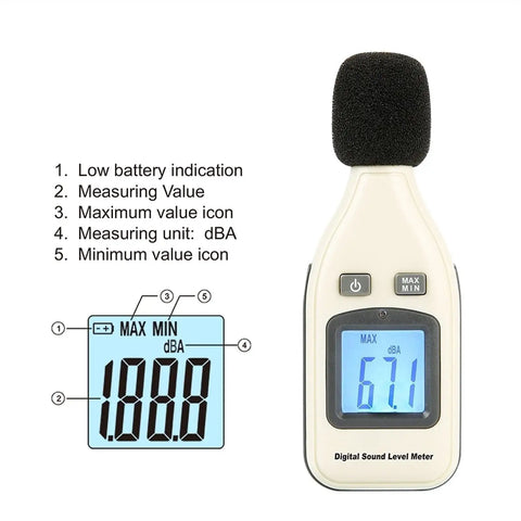 Professional Handheld Decibel Meter Rock Solid Sound Level Tester showing display features for noise measurement.