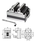 Heavy Duty Self Centering Turntable Fixture Boasting Smooth Acting CNC Concentric Vise For Dead On Accuracy In Machining And Easy Hold Pliers Clamping Up To Sixty Millimeters with dual jaws and measurements.