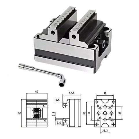 Heavy Duty Self Centering Turntable Fixture Boasting Smooth Acting CNC Concentric Vise For Dead On Accuracy In Machining And Easy Hold Pliers Clamping Up To Sixty Millimeters with dual jaws and measurements.
