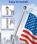 Smooth As Butter 360 Rotating Flag Pole Rings 2 Pack Heavy Duty Aluminum Alloy Mounting Clips With Carabiner Locks For One Inch Poles showing easy installation on a flag pole.