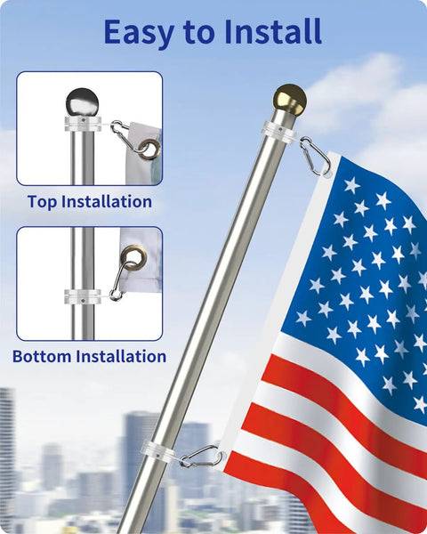 Smooth As Butter 360 Rotating Flag Pole Rings 2 Pack Heavy Duty Aluminum Alloy Mounting Clips With Carabiner Locks For One Inch Poles showing easy installation on a flag pole.