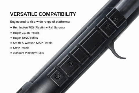 Top Shelf Ten Pack Number Six Forty Eight By One Quarter Inch Countersunk Torx Gunsmith Screws For Ruger Ten Twenty Two Rifles Securing Scope Mounts On Picatinny Rails With Rock Solid Black Oxide Twelve Point Nine Grade Steel Build, shown installed on a Picatinny rail.