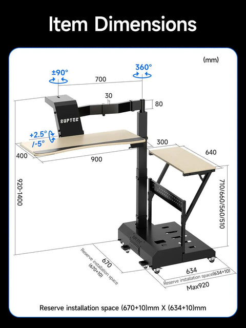 Level Up Your Setup With One Touch Electric Height Adjustable Mobile Gaming Desk dimensions and features diagram